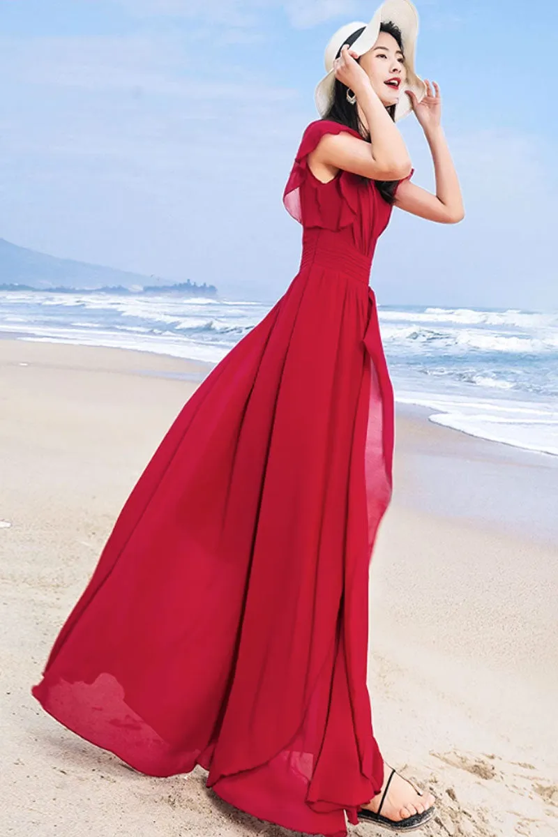 maxi wine red chiffon dress women 4443