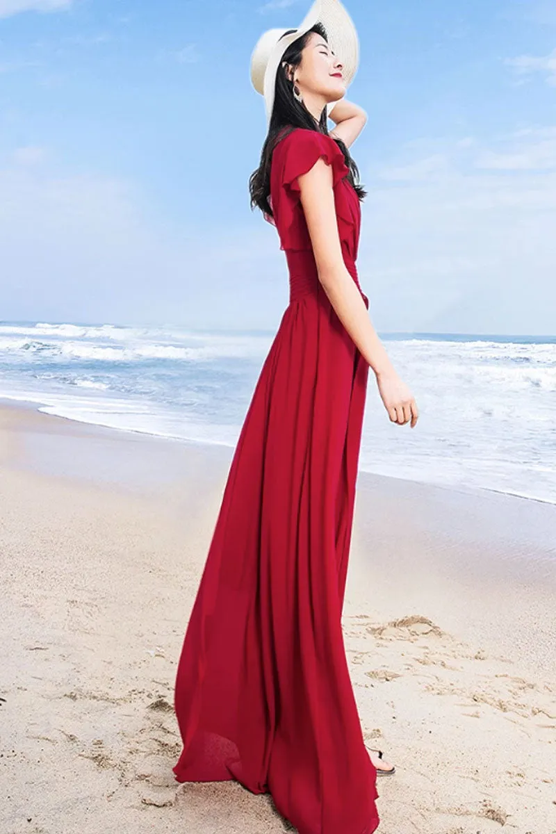 maxi wine red chiffon dress women 4443