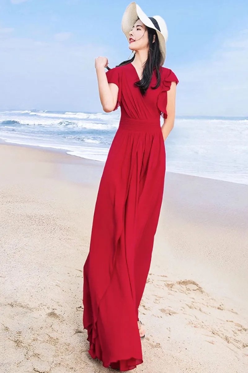 maxi wine red chiffon dress women 4443