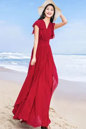 maxi wine red chiffon dress women 4443