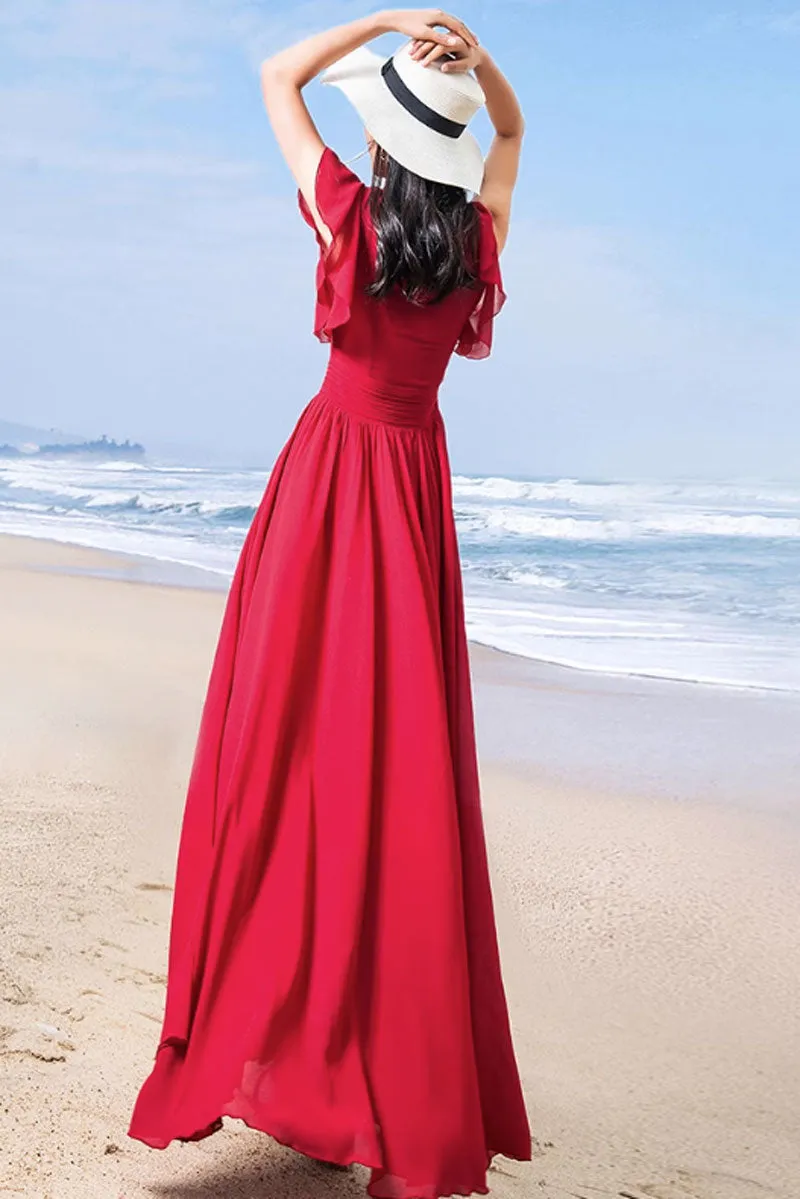 maxi wine red chiffon dress women 4443