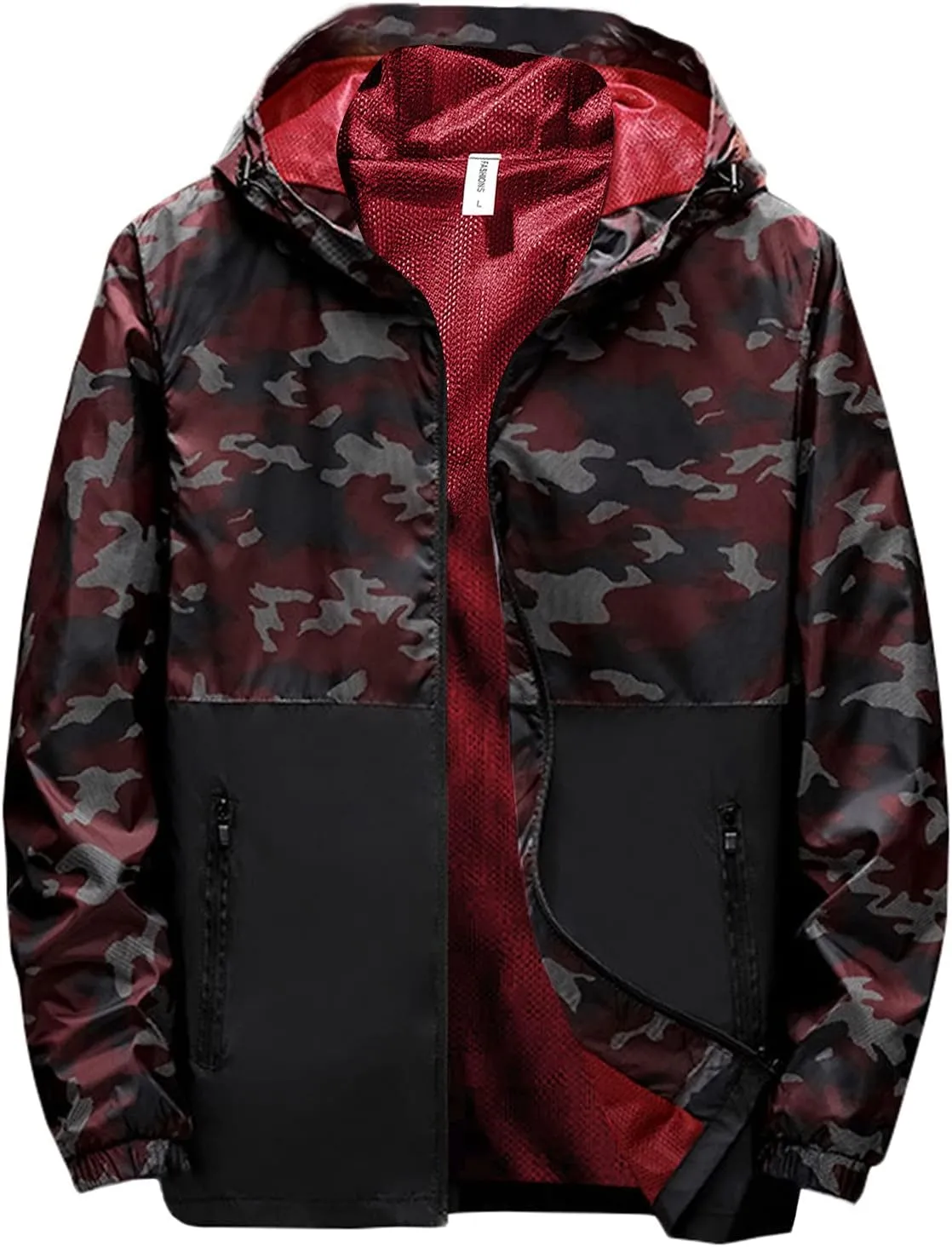 Men's Lightweight Jacket with Hooded Pockets Print Windproof Outdoor Coat Loose Breathable Hiking Top for Men