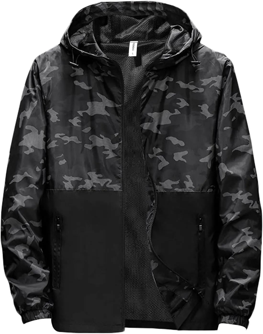 Men's Lightweight Jacket with Hooded Pockets Print Windproof Outdoor Coat Loose Breathable Hiking Top for Men