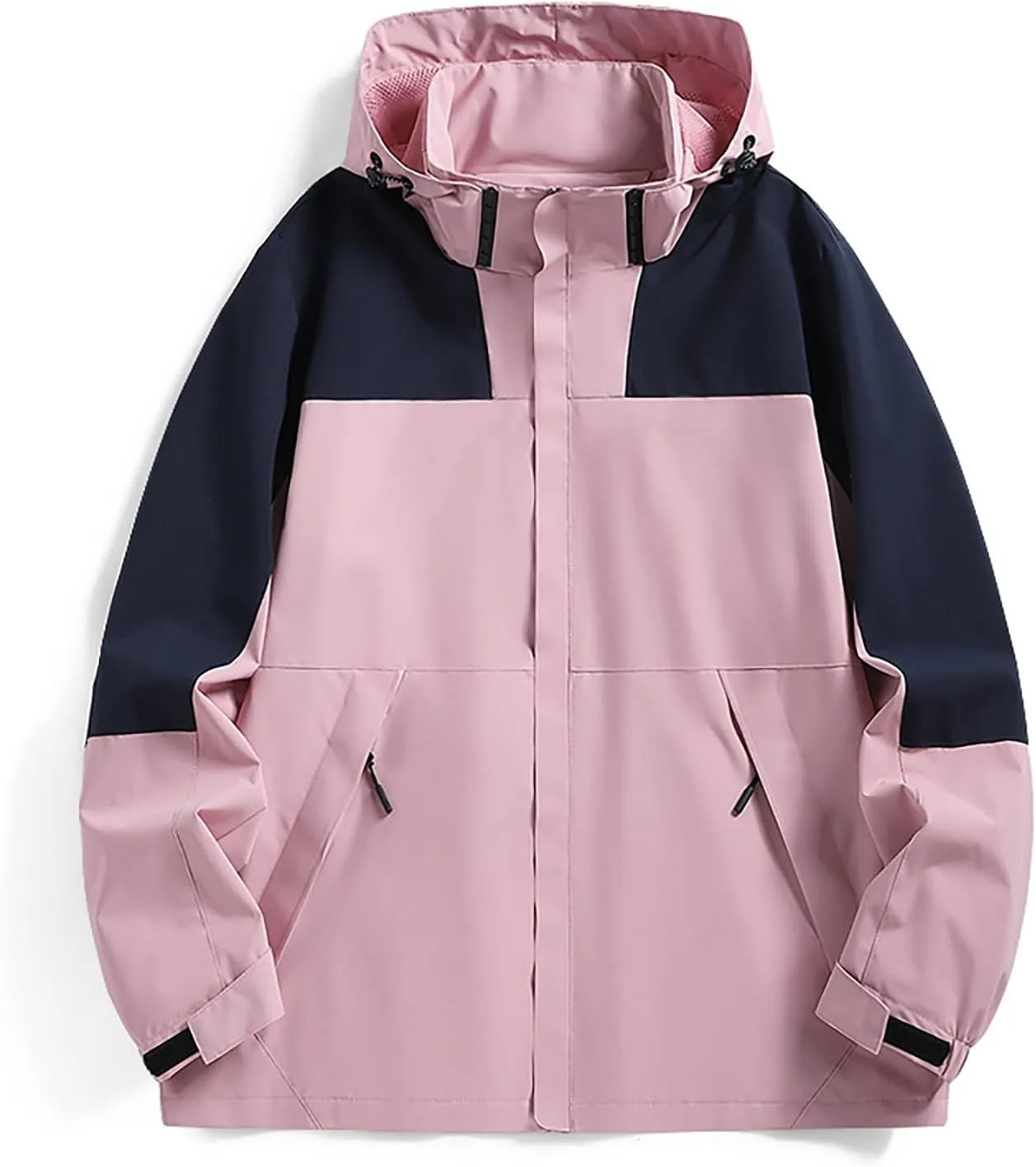 Mens Waterproof Rain Jacket Lightweight Breathable Solid Contrast Patchwork Windbreak Hooded Coat Outdoor Jacket