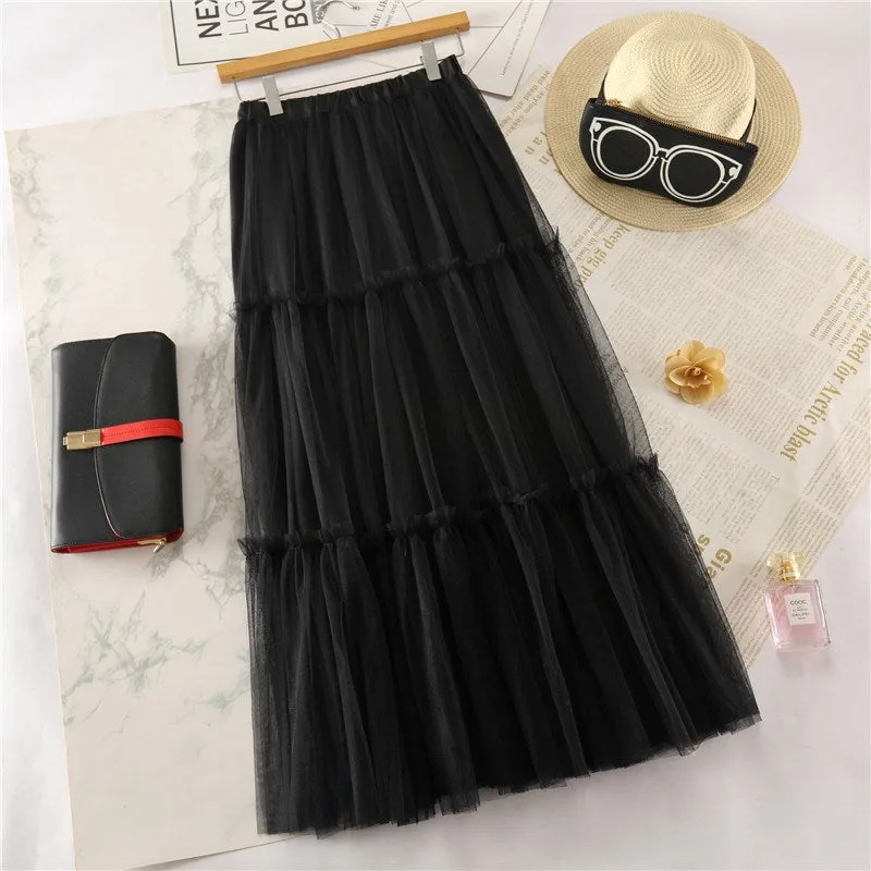 Mesh Skirt Mid-Length Flare Cake Flare Fairy Dress Solid Colored Skirt