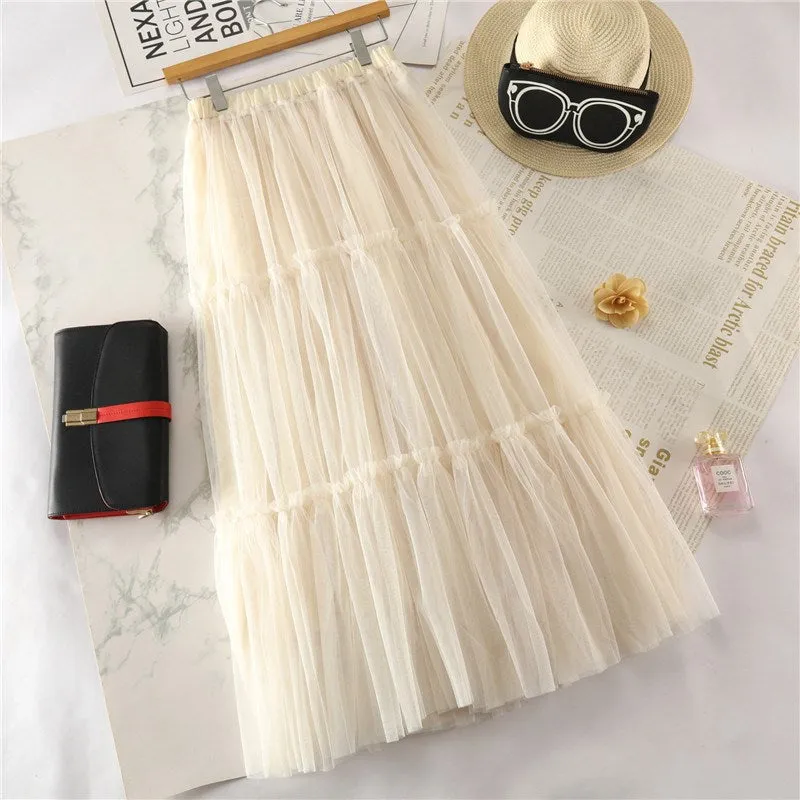 Mesh Skirt Mid-Length Flare Cake Flare Fairy Dress Solid Colored Skirt