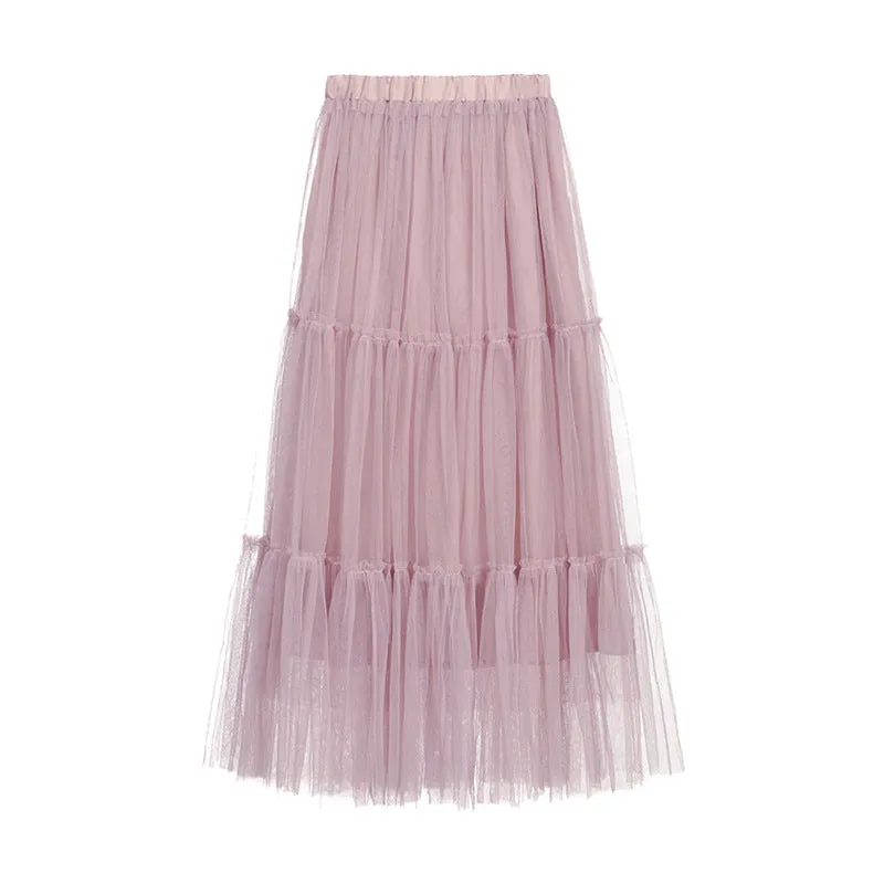 Mesh Skirt Mid-Length Flare Cake Flare Fairy Dress Solid Colored Skirt