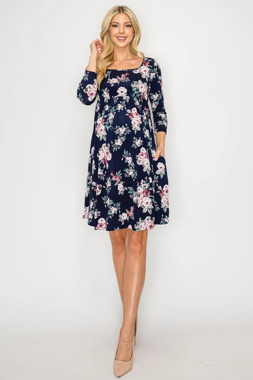 My Bump Women's Square Neck Casual Comfortable Maternity Pregnancy Long Dress W/Side Pocket (Made in USA)