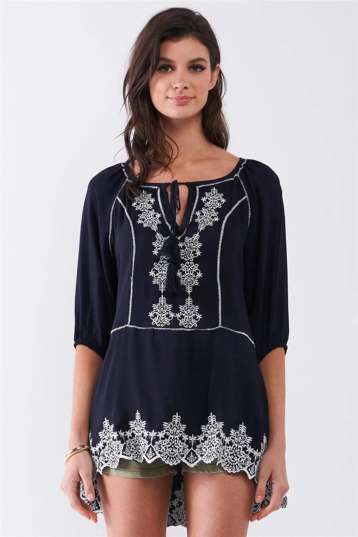Navy Knit Embroidery Balloon Sleeves Tunic Top /2-2