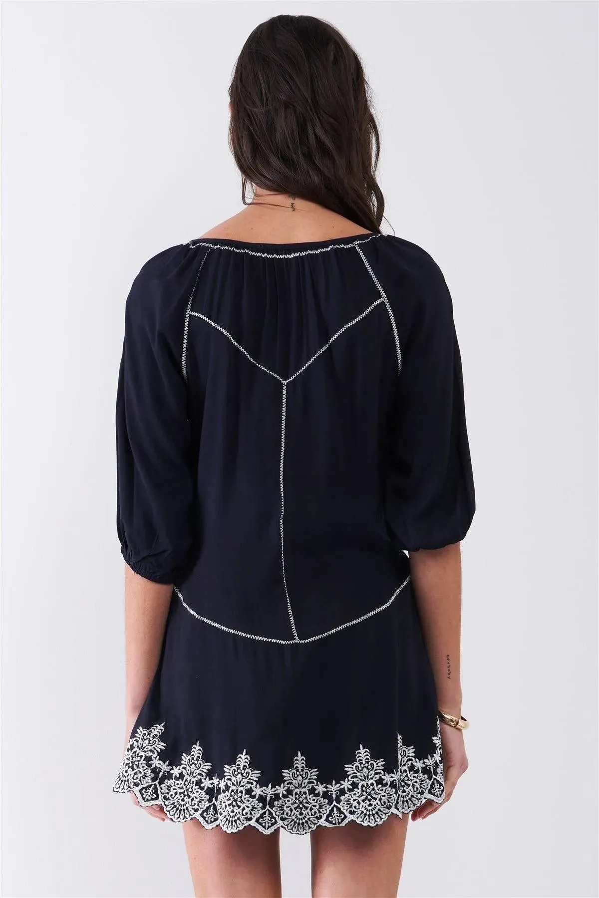 Navy Knit Embroidery Balloon Sleeves Tunic Top /2-2