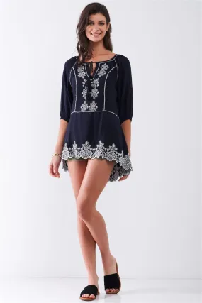 Navy Knit Embroidery Balloon Sleeves Tunic Top /2-2