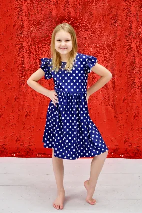 Navy Star Long Flutter Milk Silk Dress