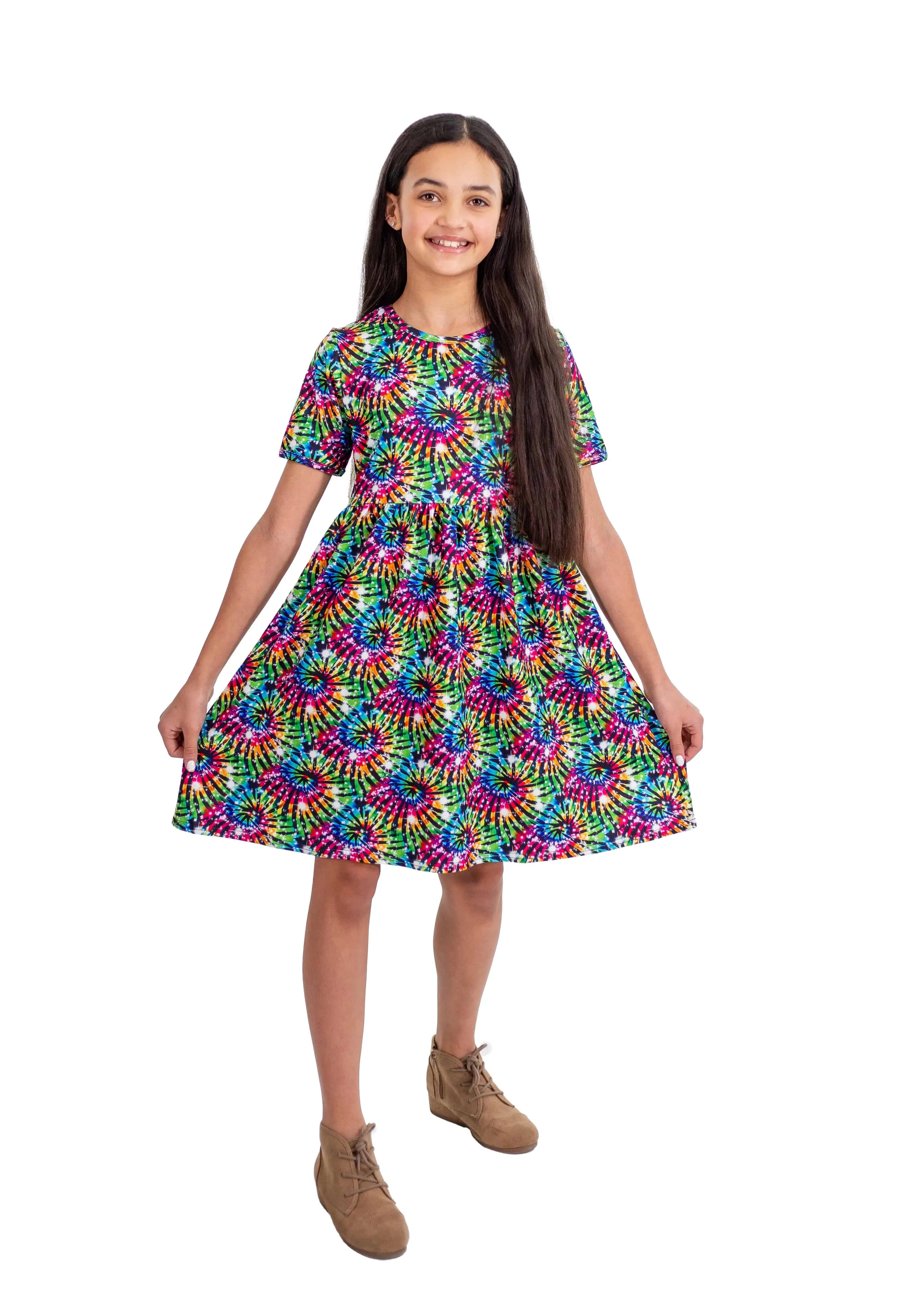 Neon Swirl Short  Sleeve Milk Silk Dress