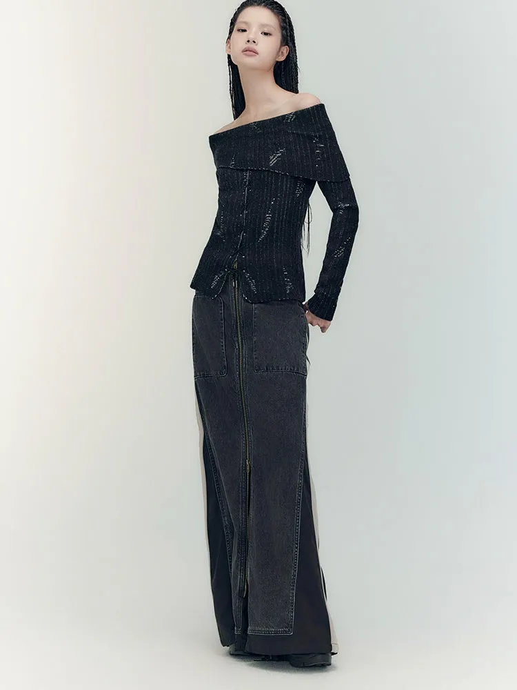 Off-Shoulder Denim Casual Dark Knit＆Denim-Skirt