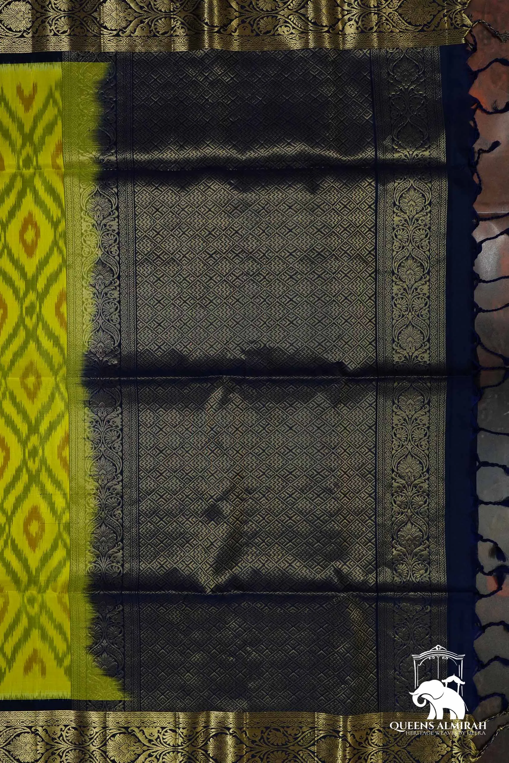 OLIVE YELLOW WITH CHARCOAL BLUE SOFT SILK SAREE