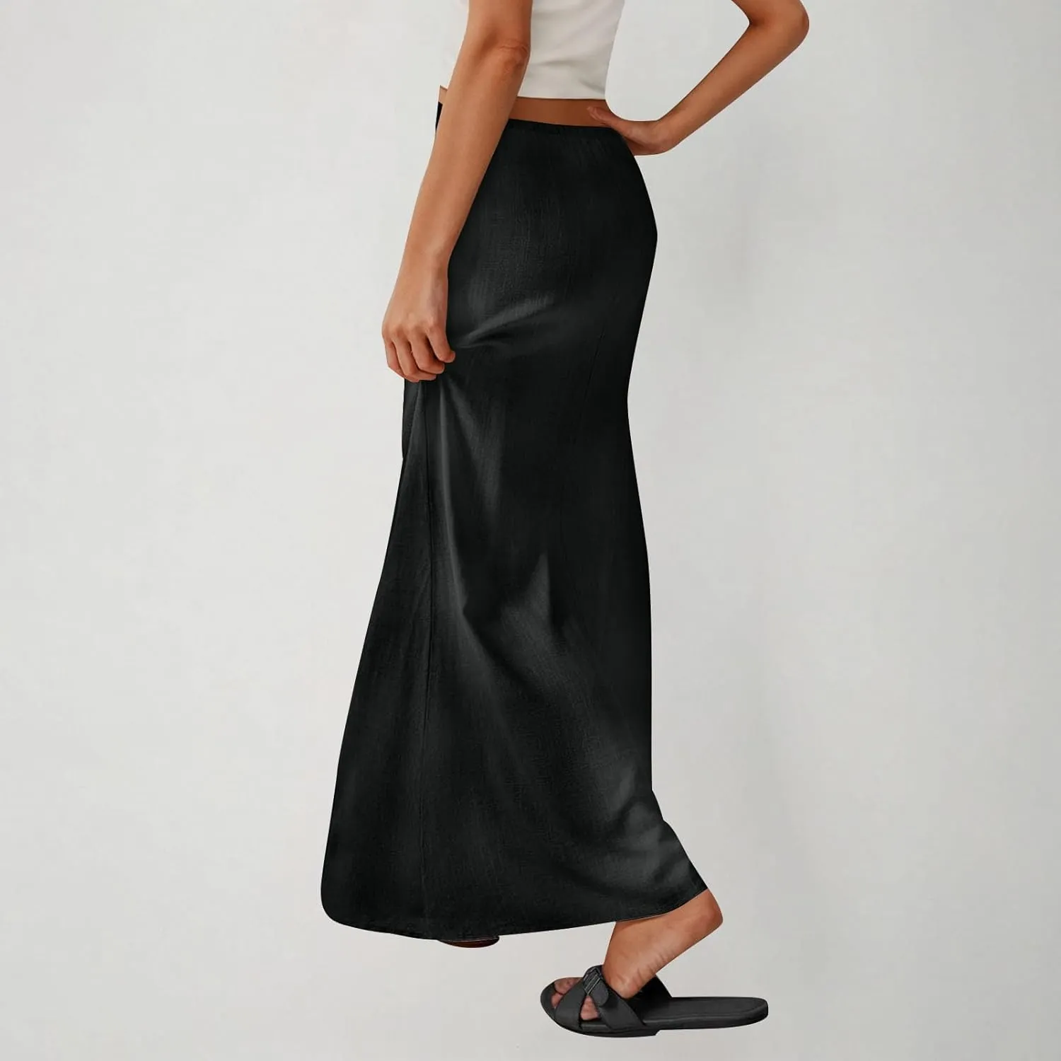 Oplxuo Womens Maxi Skirt Casual Elastic High Waist Drawstring Long Skirts Summer Casual Solid Color Flowy Beach Skirt