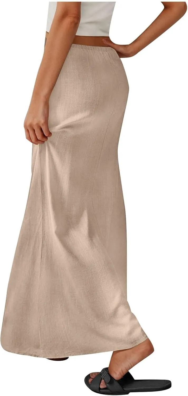 Oplxuo Womens Maxi Skirt Casual Elastic High Waist Drawstring Long Skirts Summer Casual Solid Color Flowy Beach Skirt