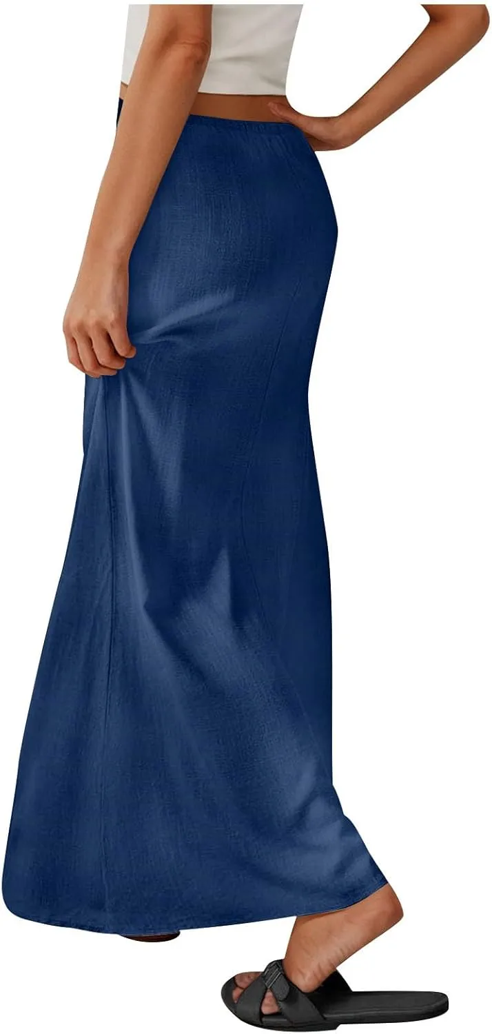 Oplxuo Womens Maxi Skirt Casual Elastic High Waist Drawstring Long Skirts Summer Casual Solid Color Flowy Beach Skirt