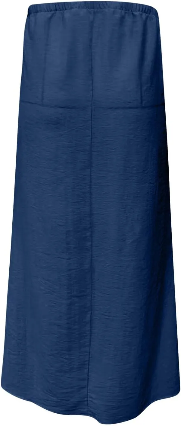 Oplxuo Womens Maxi Skirt Casual Elastic High Waist Drawstring Long Skirts Summer Casual Solid Color Flowy Beach Skirt