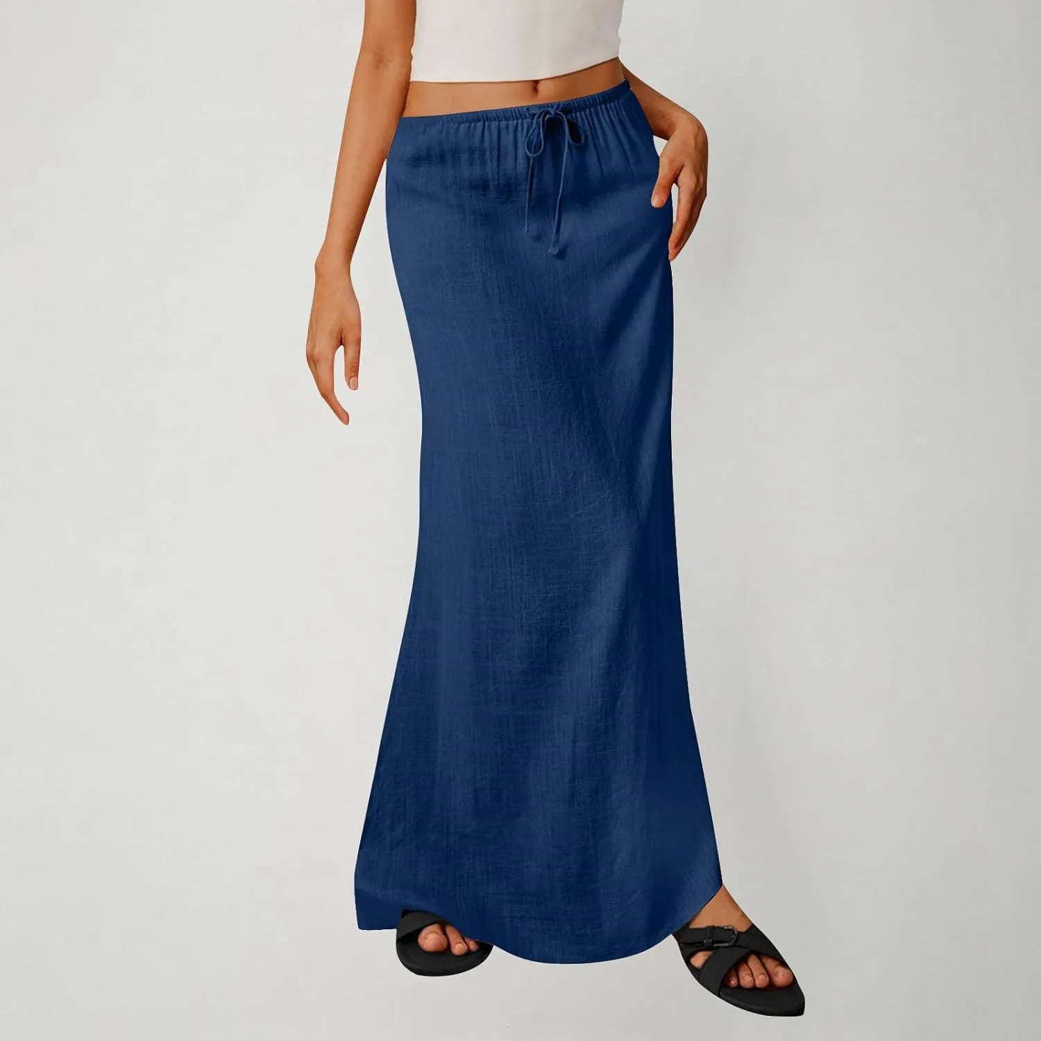 Oplxuo Womens Maxi Skirt Casual Elastic High Waist Drawstring Long Skirts Summer Casual Solid Color Flowy Beach Skirt