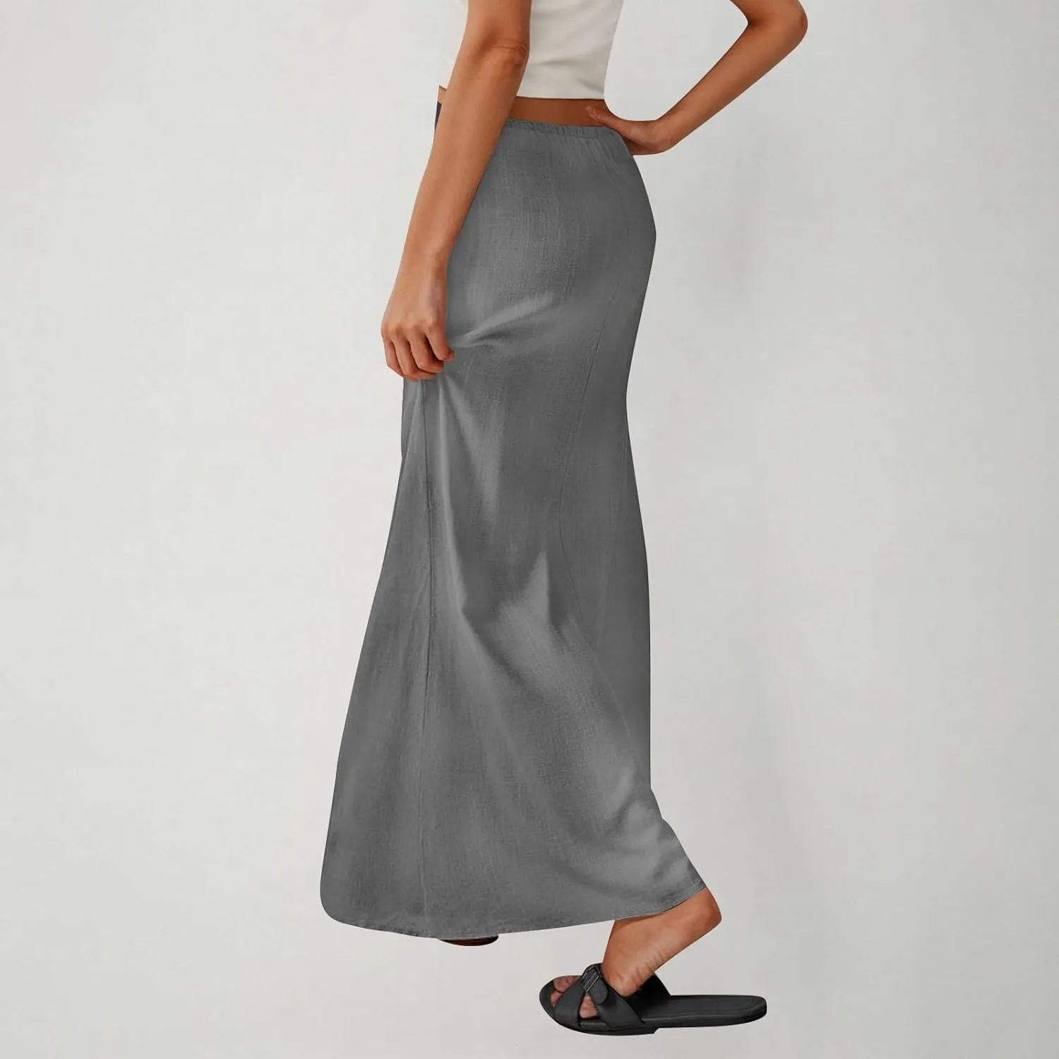 Oplxuo Womens Maxi Skirt Casual Elastic High Waist Drawstring Long Skirts Summer Casual Solid Color Flowy Beach Skirt