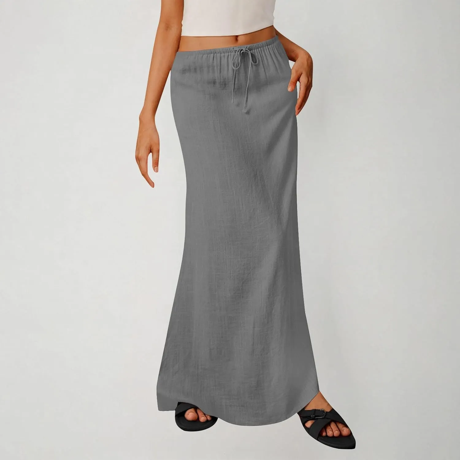 Oplxuo Womens Maxi Skirt Casual Elastic High Waist Drawstring Long Skirts Summer Casual Solid Color Flowy Beach Skirt