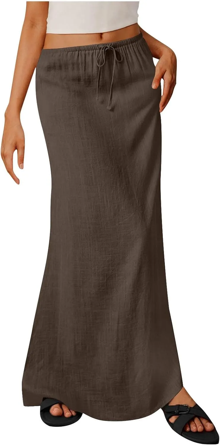 Oplxuo Womens Maxi Skirt Casual Elastic High Waist Drawstring Long Skirts Summer Casual Solid Color Flowy Beach Skirt