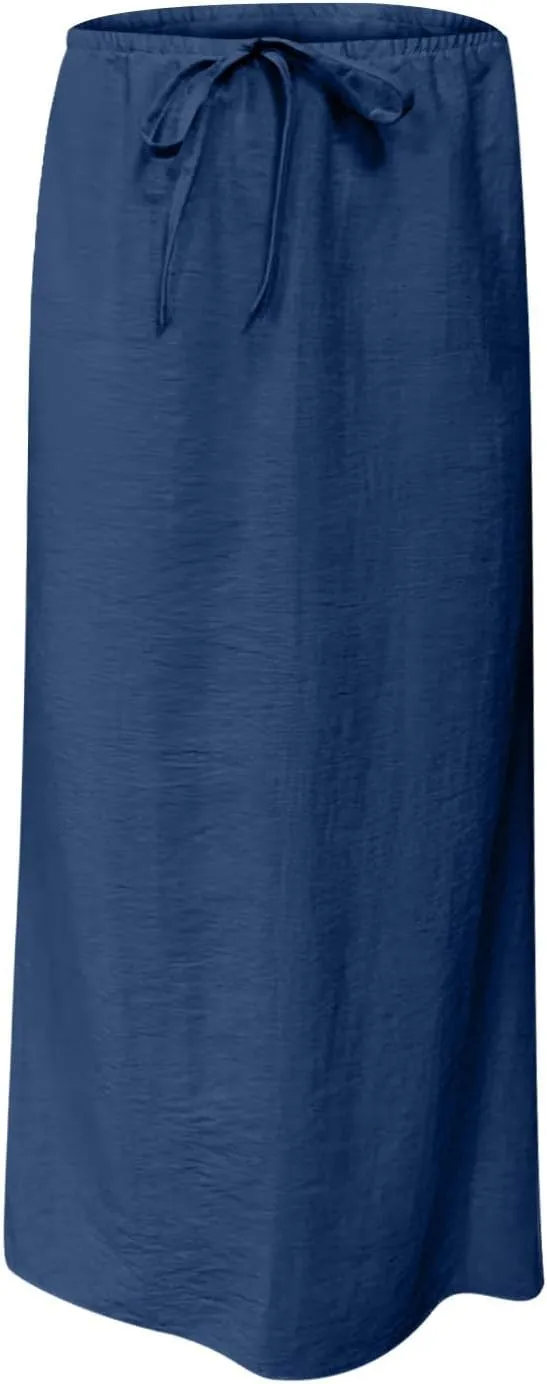 Oplxuo Womens Maxi Skirt Casual Elastic High Waist Drawstring Long Skirts Summer Casual Solid Color Flowy Beach Skirt