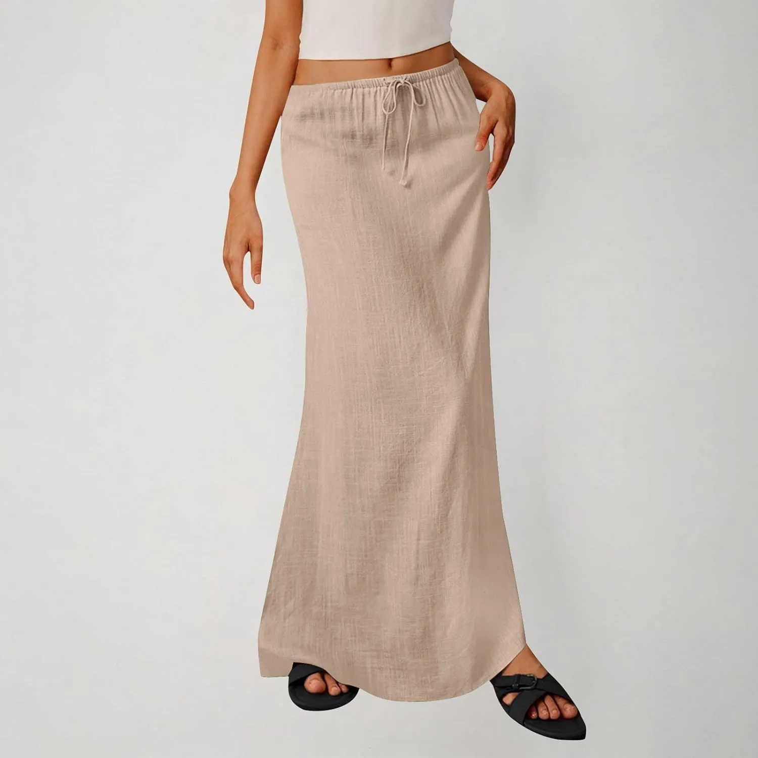Oplxuo Womens Maxi Skirt Casual Elastic High Waist Drawstring Long Skirts Summer Casual Solid Color Flowy Beach Skirt
