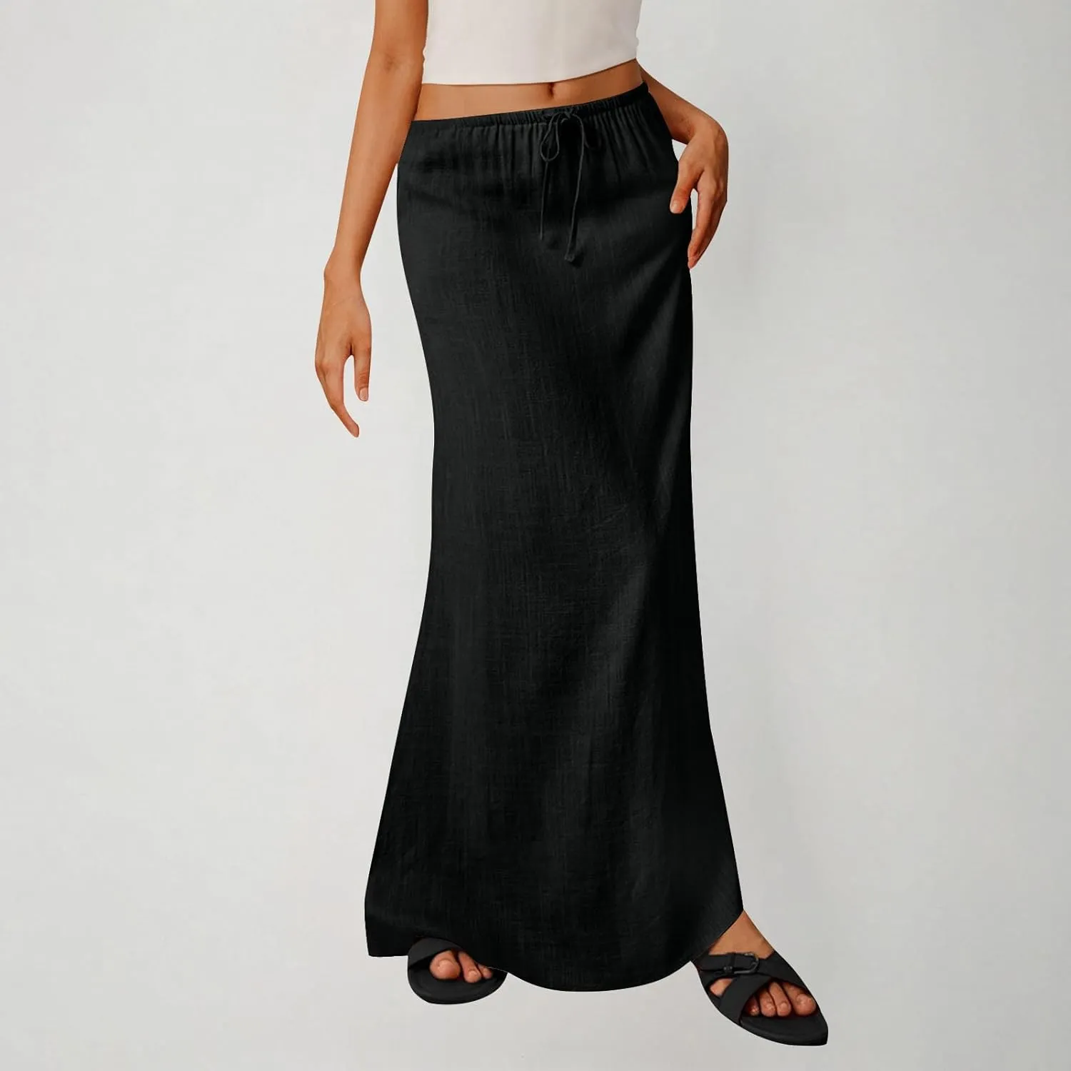 Oplxuo Womens Maxi Skirt Casual Elastic High Waist Drawstring Long Skirts Summer Casual Solid Color Flowy Beach Skirt