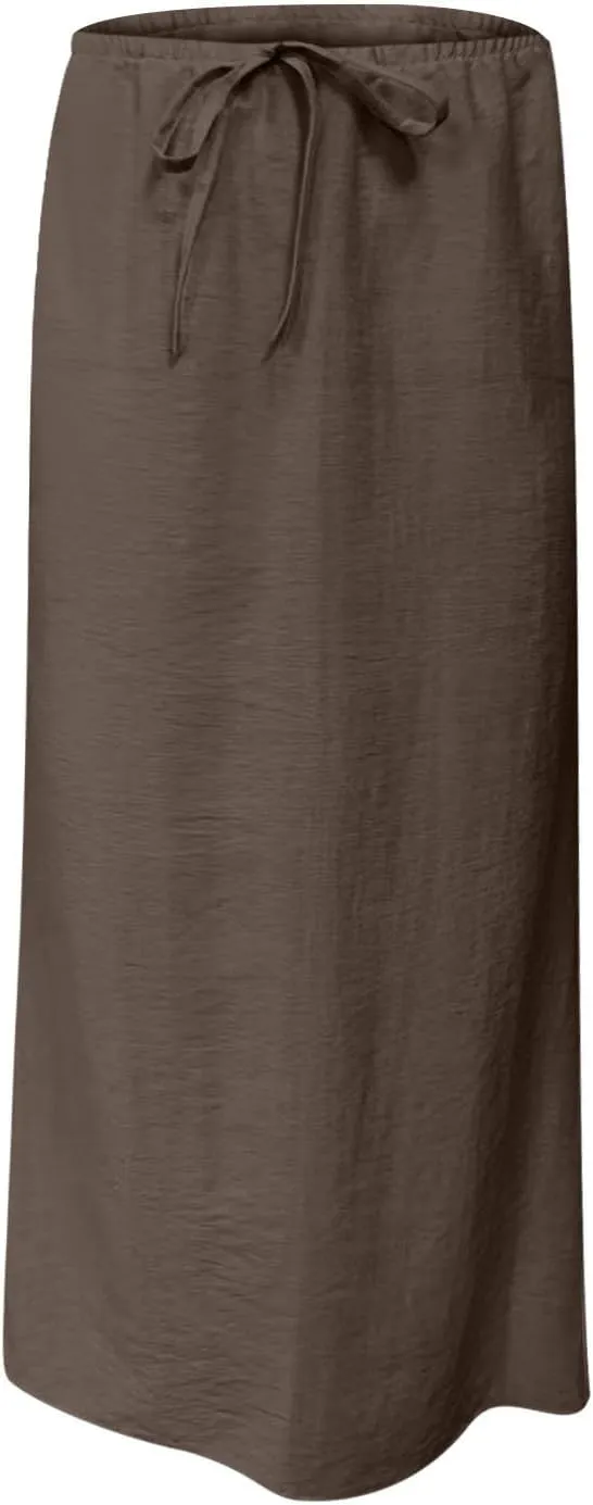 Oplxuo Womens Maxi Skirt Casual Elastic High Waist Drawstring Long Skirts Summer Casual Solid Color Flowy Beach Skirt