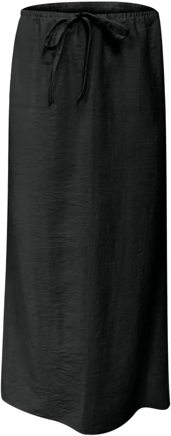 Oplxuo Womens Maxi Skirt Casual Elastic High Waist Drawstring Long Skirts Summer Casual Solid Color Flowy Beach Skirt