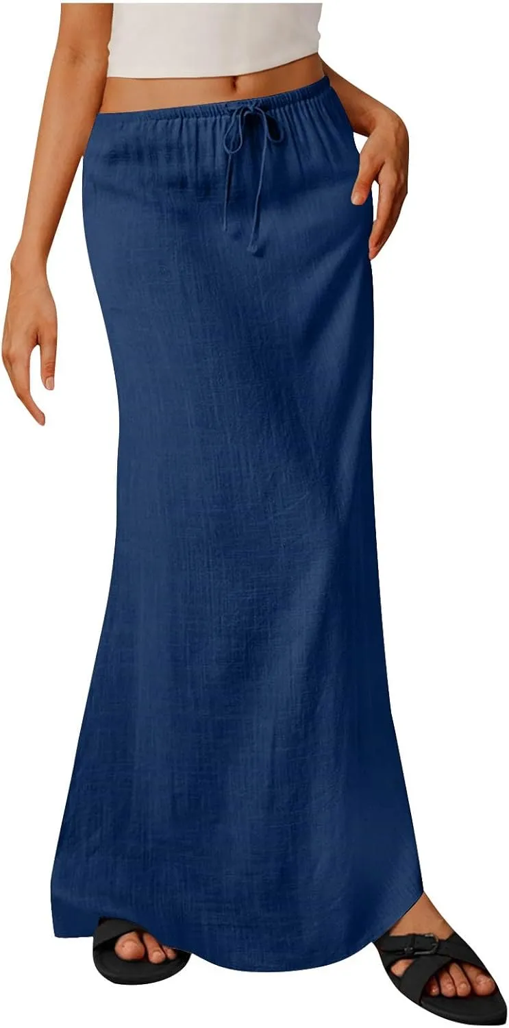 Oplxuo Womens Maxi Skirt Casual Elastic High Waist Drawstring Long Skirts Summer Casual Solid Color Flowy Beach Skirt