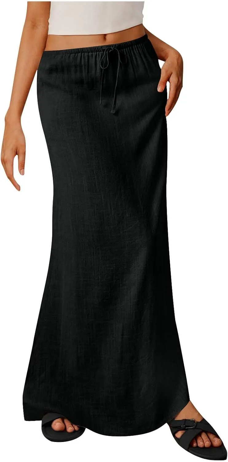 Oplxuo Womens Maxi Skirt Casual Elastic High Waist Drawstring Long Skirts Summer Casual Solid Color Flowy Beach Skirt