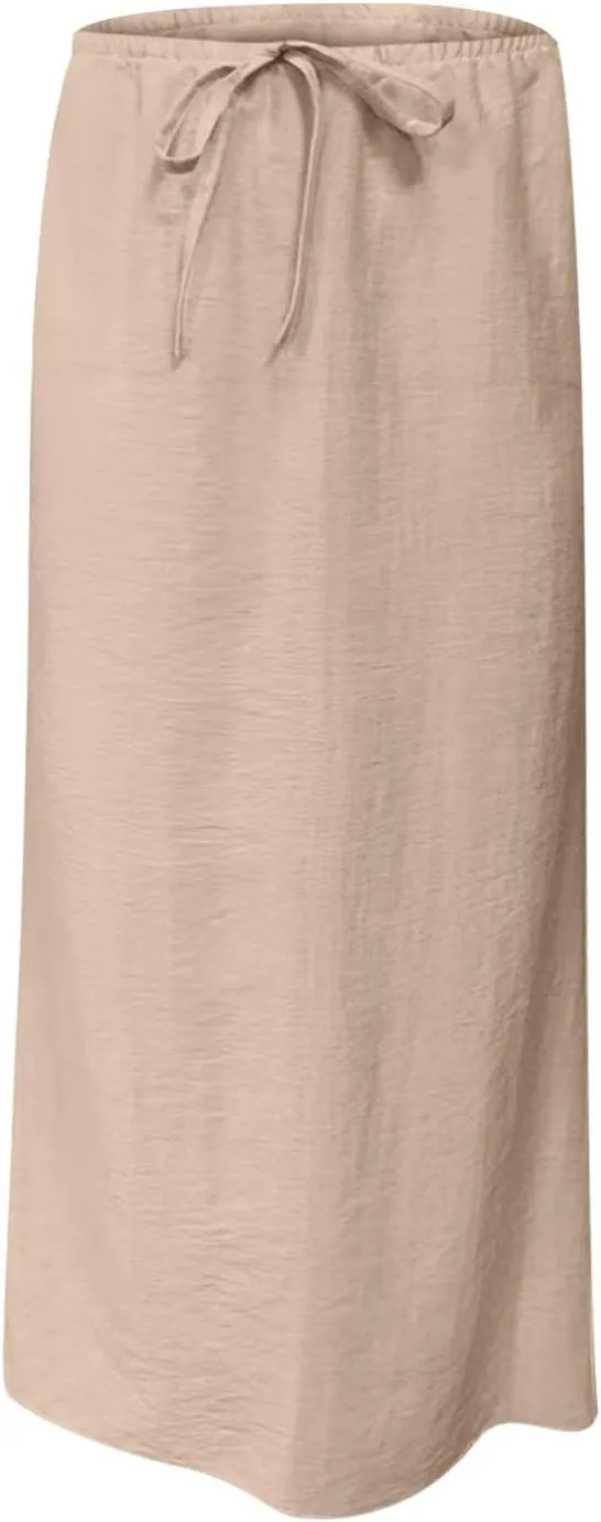 Oplxuo Womens Maxi Skirt Casual Elastic High Waist Drawstring Long Skirts Summer Casual Solid Color Flowy Beach Skirt