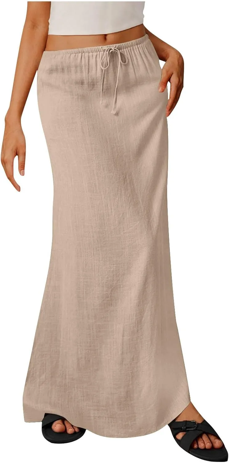Oplxuo Womens Maxi Skirt Casual Elastic High Waist Drawstring Long Skirts Summer Casual Solid Color Flowy Beach Skirt