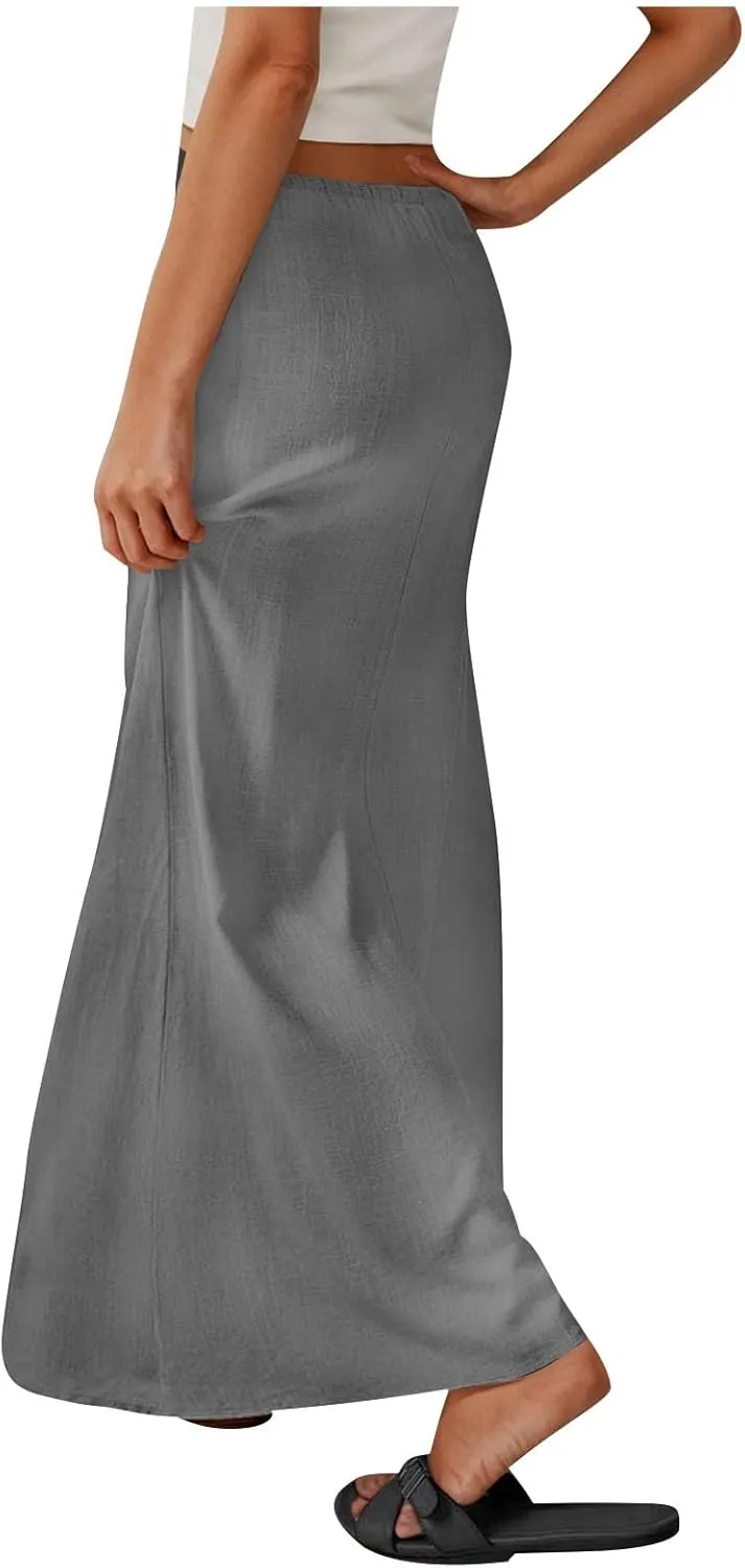 Oplxuo Womens Maxi Skirt Casual Elastic High Waist Drawstring Long Skirts Summer Casual Solid Color Flowy Beach Skirt