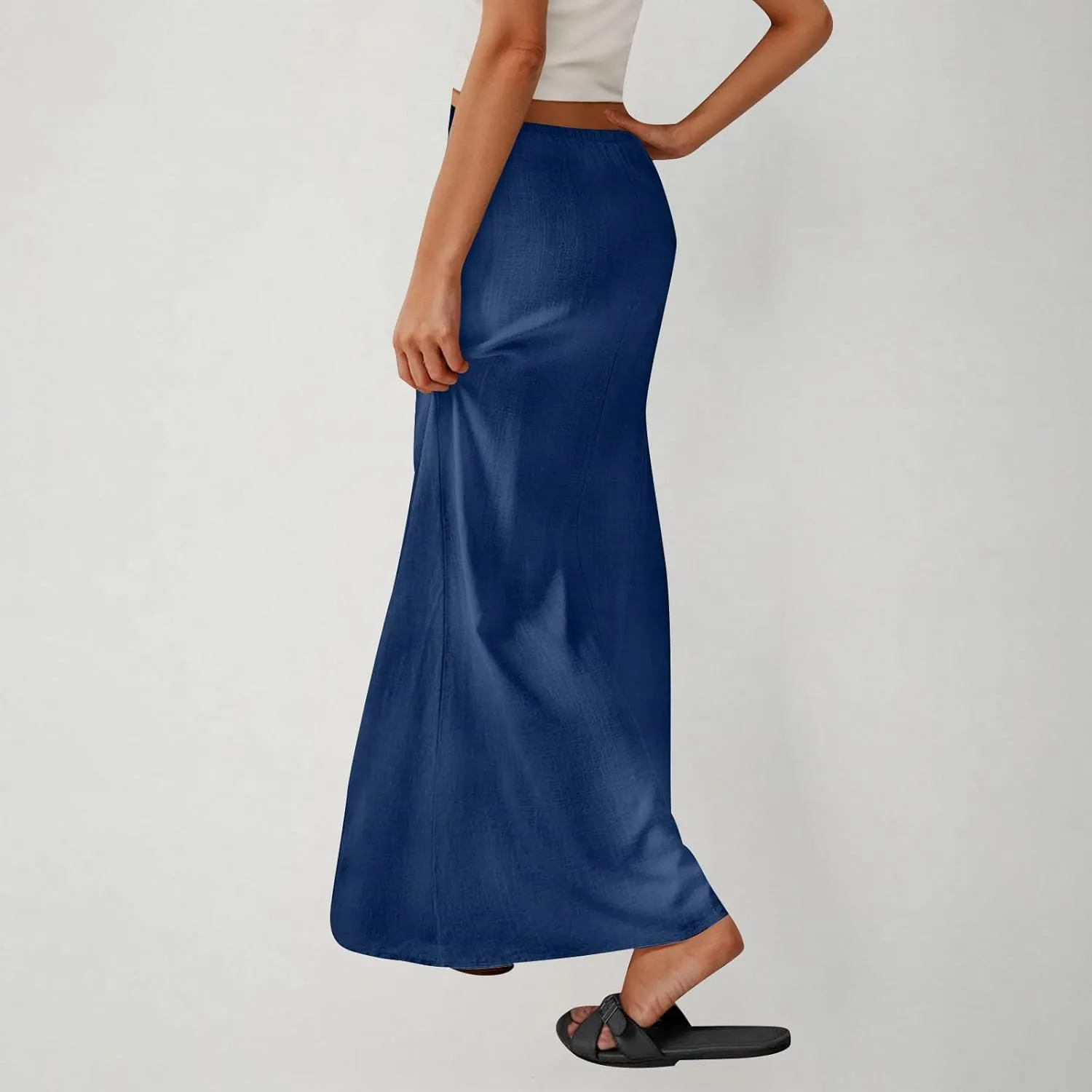 Oplxuo Womens Maxi Skirt Casual Elastic High Waist Drawstring Long Skirts Summer Casual Solid Color Flowy Beach Skirt
