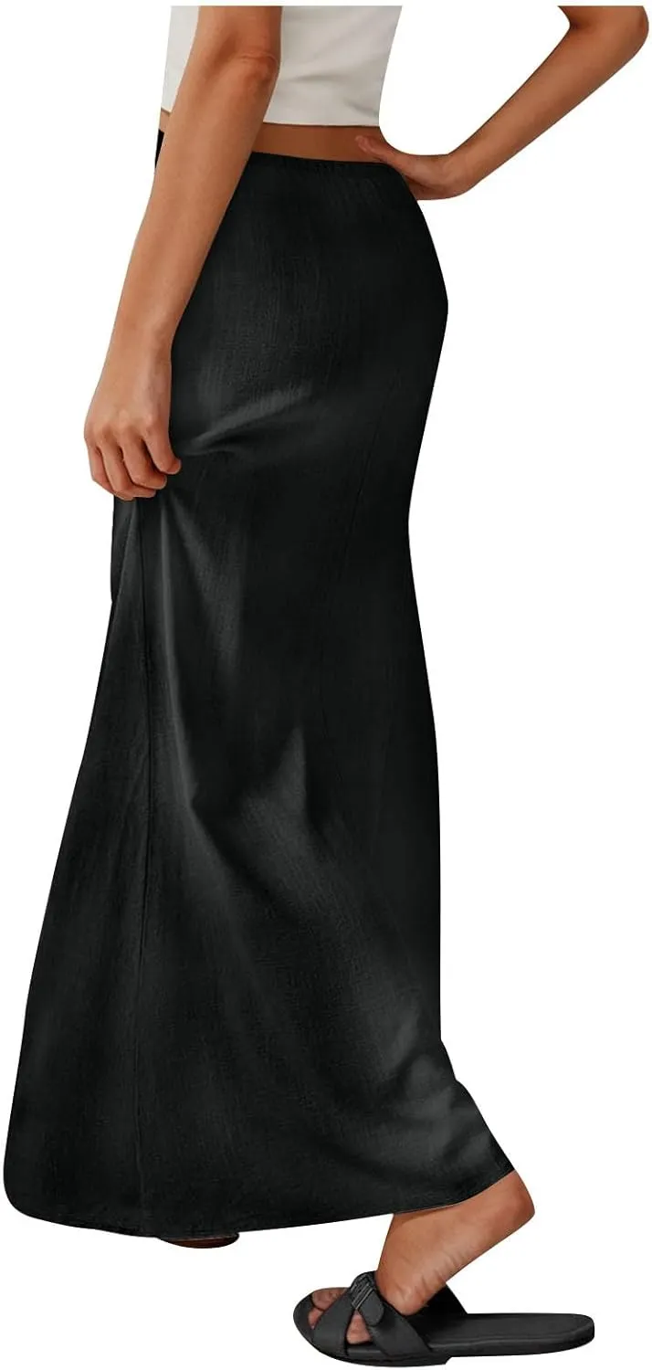 Oplxuo Womens Maxi Skirt Casual Elastic High Waist Drawstring Long Skirts Summer Casual Solid Color Flowy Beach Skirt