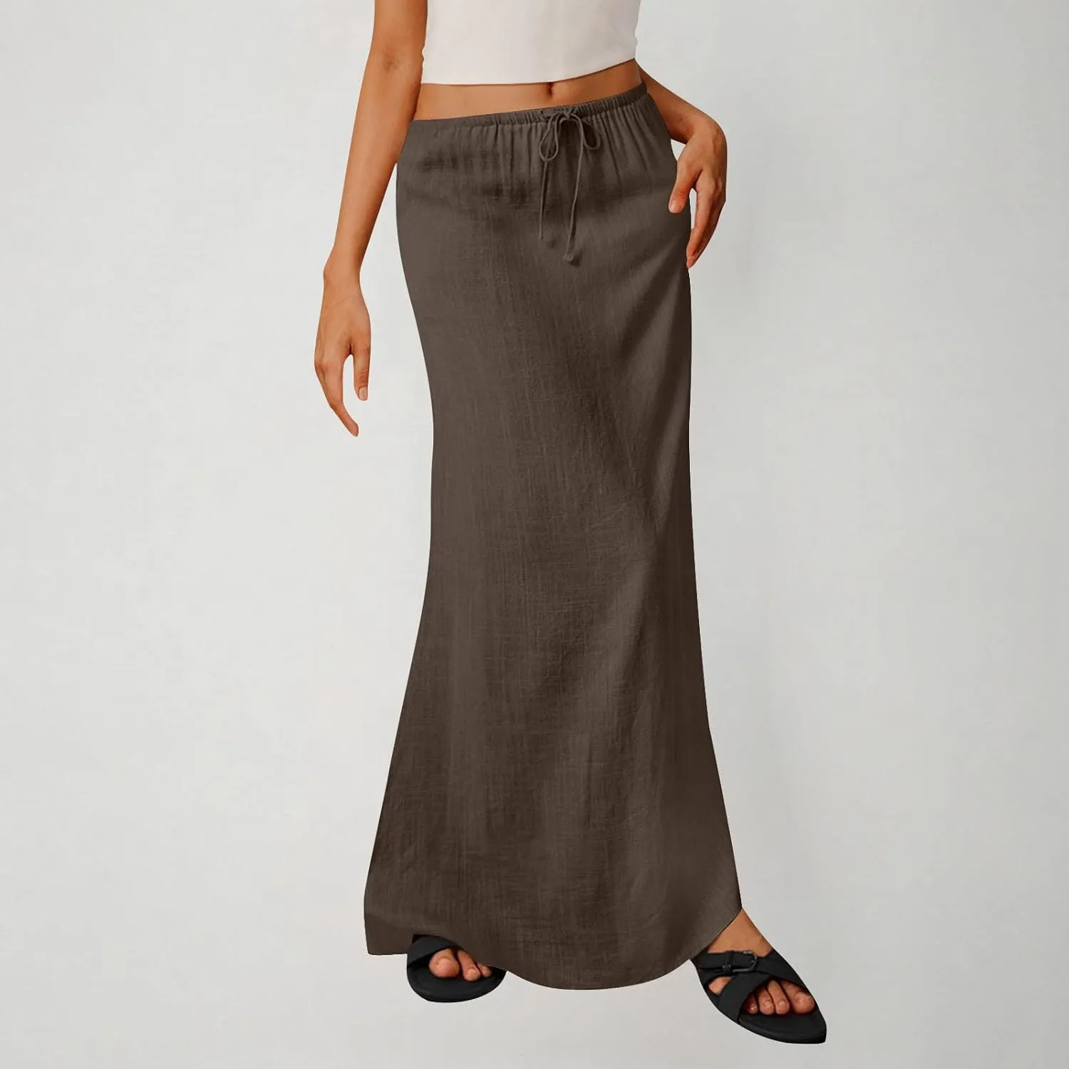 Oplxuo Womens Maxi Skirt Casual Elastic High Waist Drawstring Long Skirts Summer Casual Solid Color Flowy Beach Skirt
