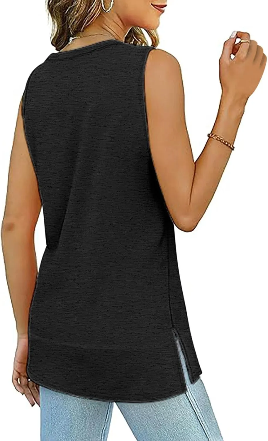 Oversized Tank Tops for Women Patchwork Plus Size Long Camisole Shirt Side Split Hem U Neck Blouse T-Shirt