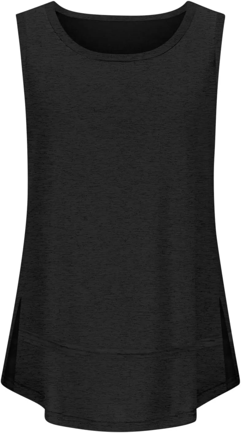 Oversized Tank Tops for Women Patchwork Plus Size Long Camisole Shirt Side Split Hem U Neck Blouse T-Shirt