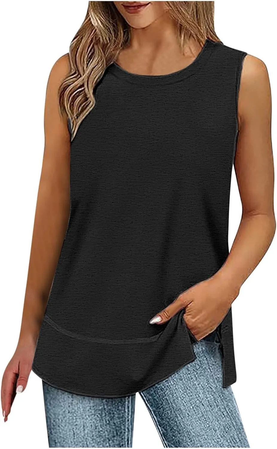 Oversized Tank Tops for Women Patchwork Plus Size Long Camisole Shirt Side Split Hem U Neck Blouse T-Shirt