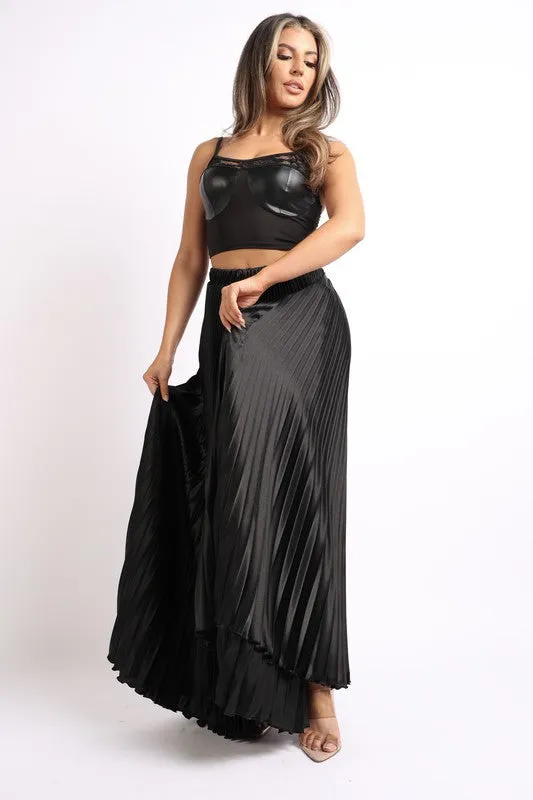 Pleated satin maxi skirt