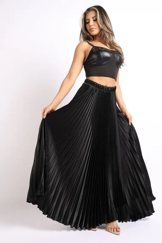 Pleated satin maxi skirt