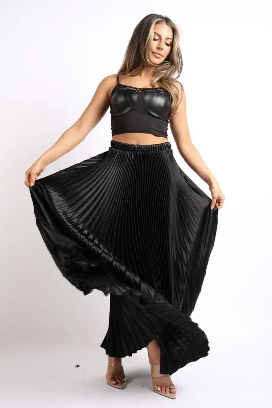 Pleated satin maxi skirt