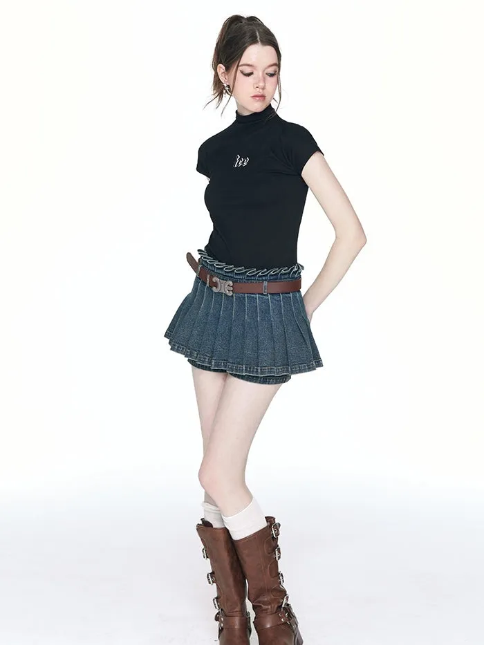 Pleats Denim Casual Flare Culottes