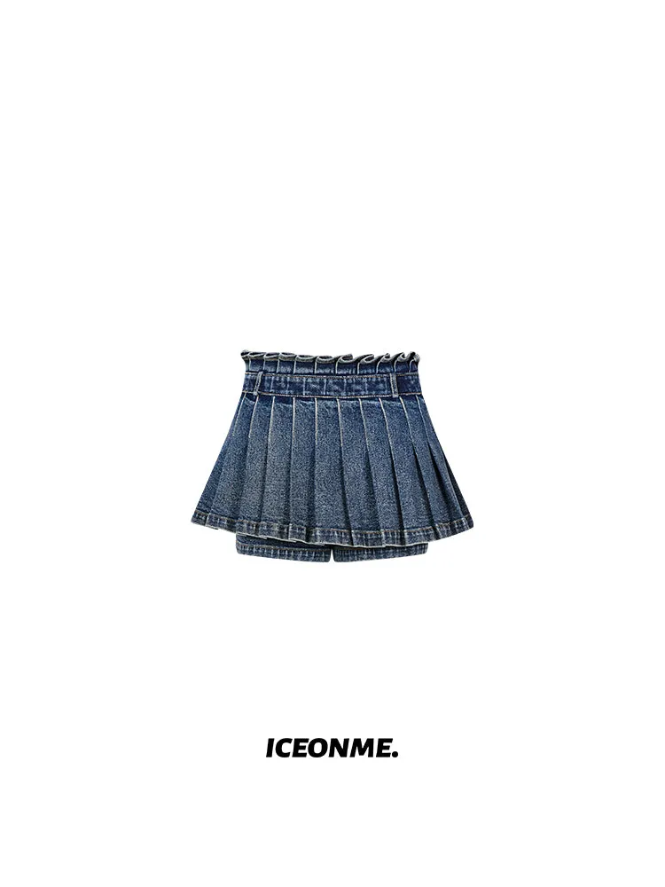 Pleats Denim Casual Flare Culottes