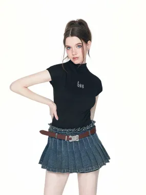 Pleats Denim Casual Flare Culottes