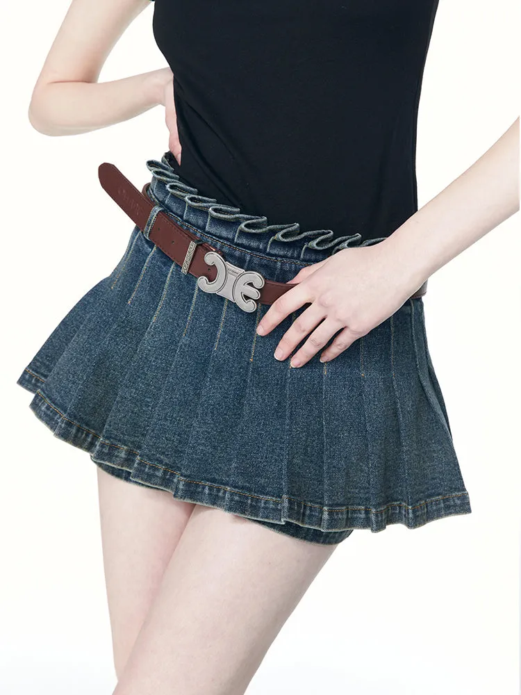 Pleats Denim Casual Flare Culottes
